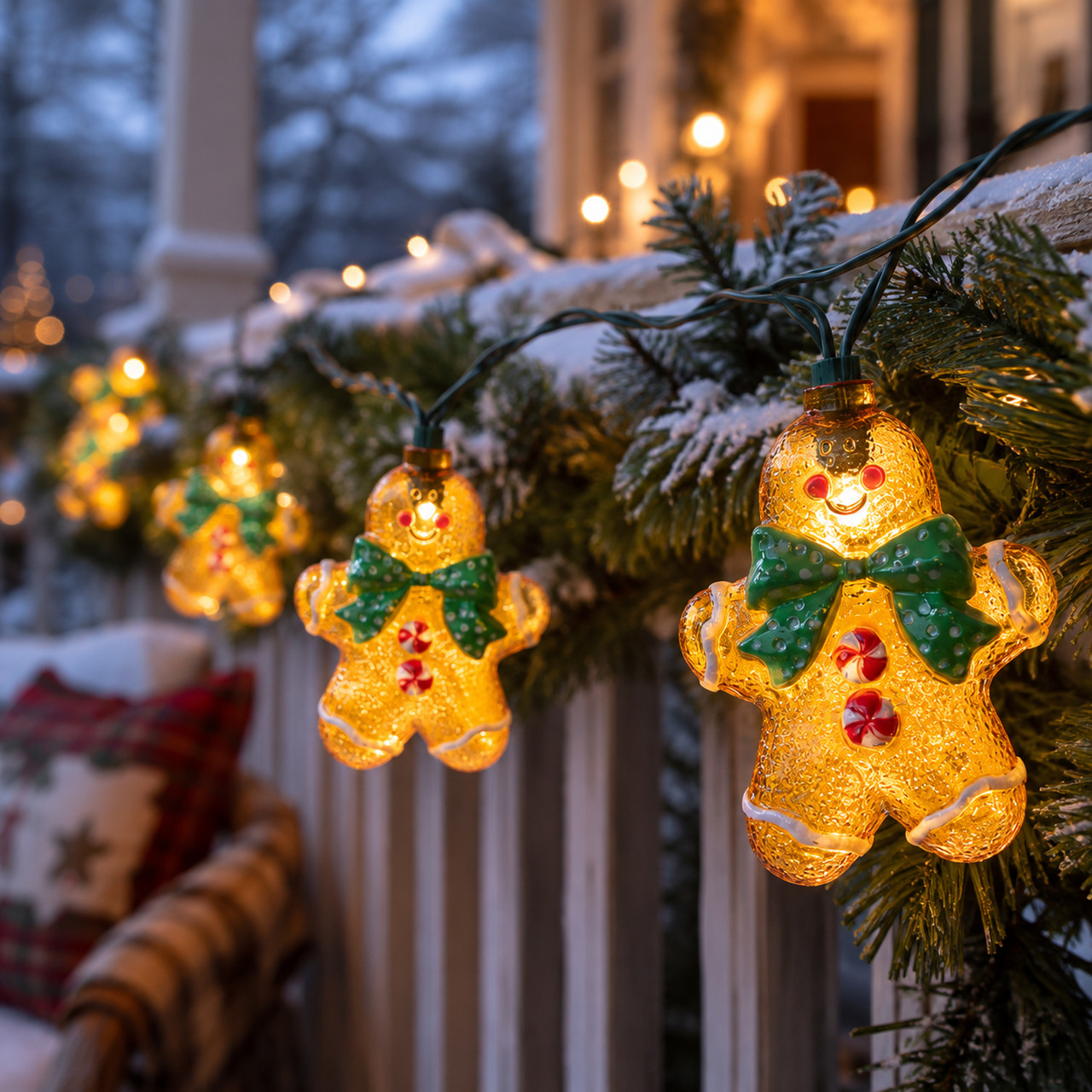 Whimsical Gingerbread Man String Lights on Porch Railing — Gingerbread Christmas Decor