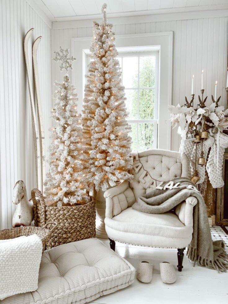 Farmhouse Living Room Corner with Flocked White Trees and Vintage Skis — White Christmas Tree Decor