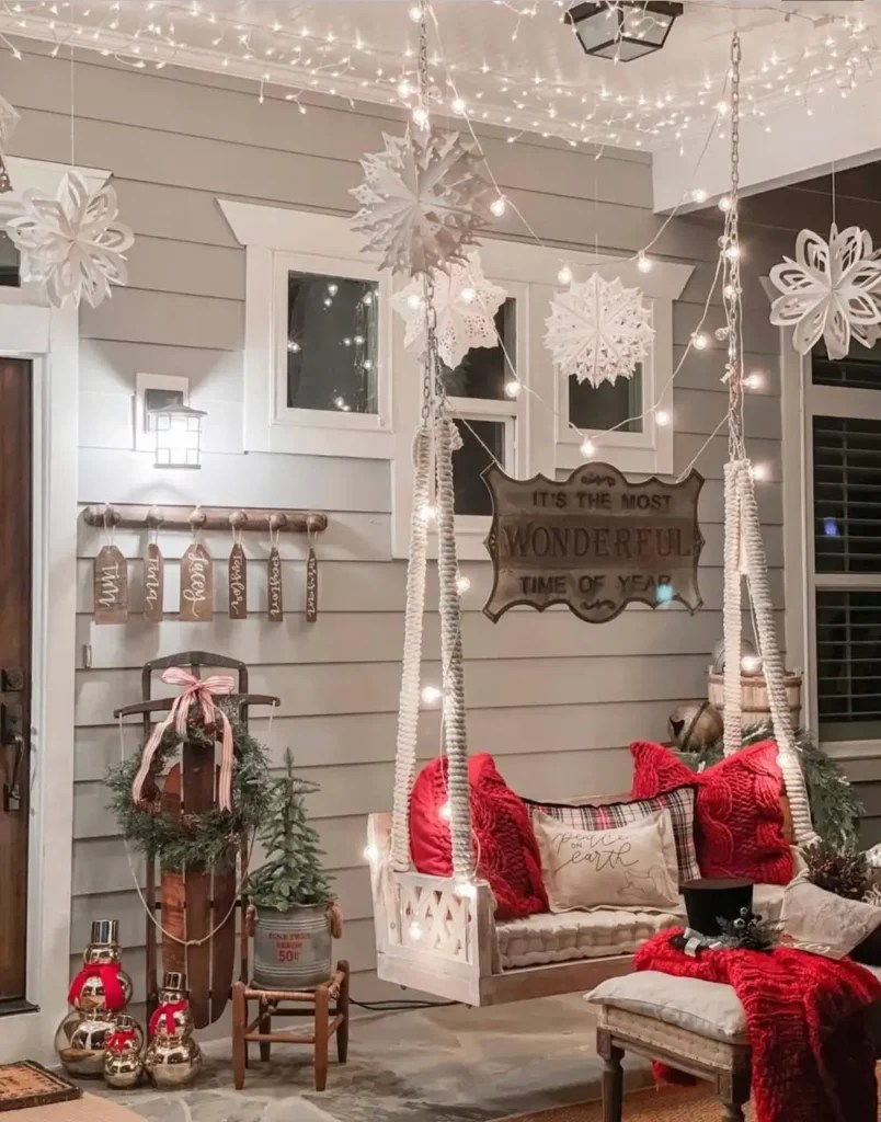 Cozy Porch with Large Paper Snowflakes and Festive Red Accents — Winter Wonderland Christmas Decor