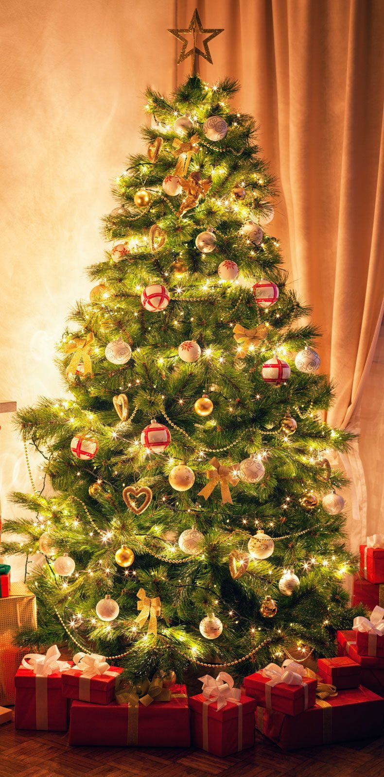 Traditional Christmas Tree with Gold, White, and Red Accents Traditional Christmas Tree with Gold, White, and Red Accents — Christmas Tree with Colored Lights