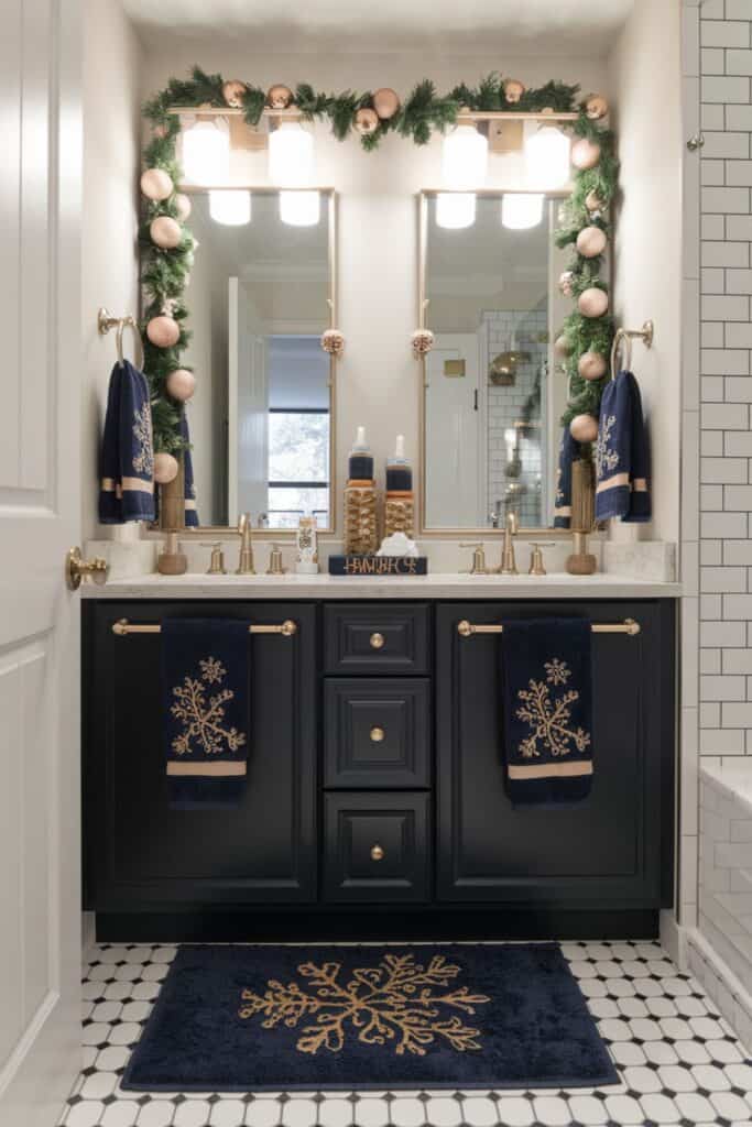 Luxurious Modern Vanity with Festive Greenery Garland and Snowflake Towels Luxurious Modern Vanity with Festive Greenery Garland and Snowflake Towels — Christmas Bathroom Decor