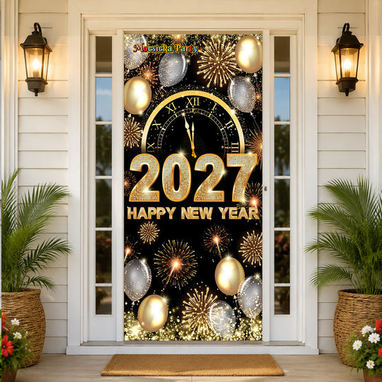 Festive New Year's Eve Door Banner for 2027 with Fireworks and Clock — New Years Eve Party 2027