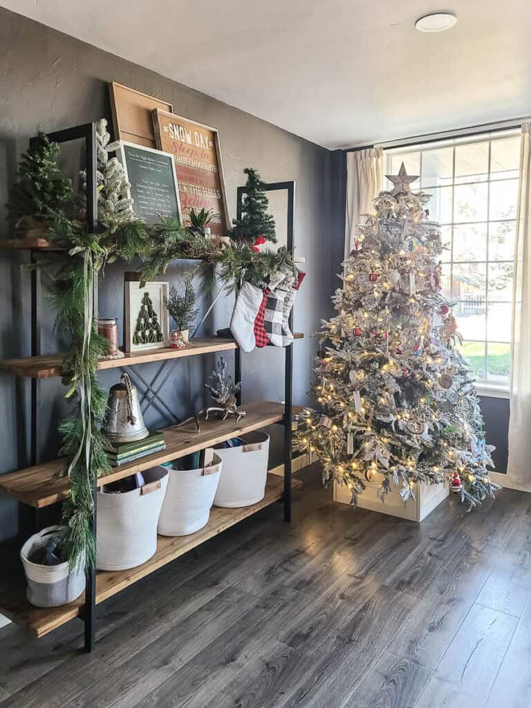 Farmhouse Corner with Christmas Tree and Industrial Shelving — Farmhouse Christmas Decor