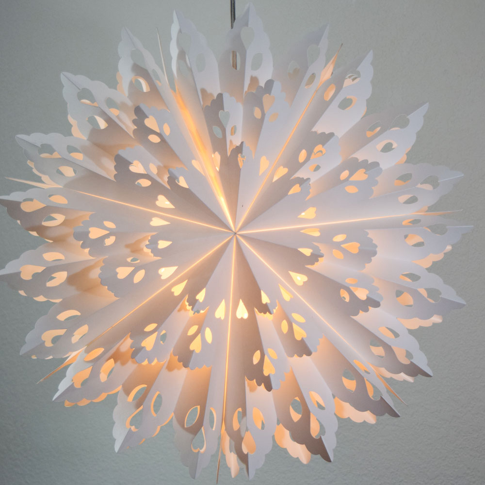 Illuminated Paper Snowflake Lantern with Heart Cut-outs — Paper Snowflakes