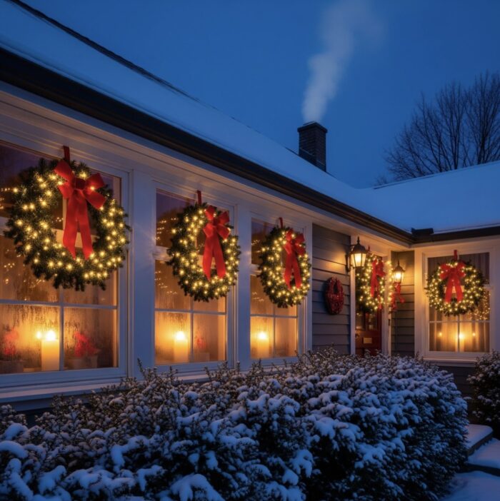 Classic Windows with Lit Wreaths and Cozy Interior Candle Glow Classic Windows with Lit Wreaths and Cozy Interior Candle Glow — Christmas Window Decor Outdoor