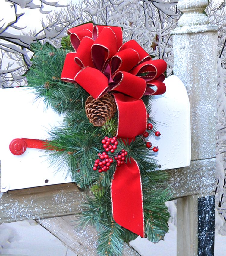 White Mailbox with Festive Swag Featuring a Large Red Velvet Bow — Christmas Mailbox Decor