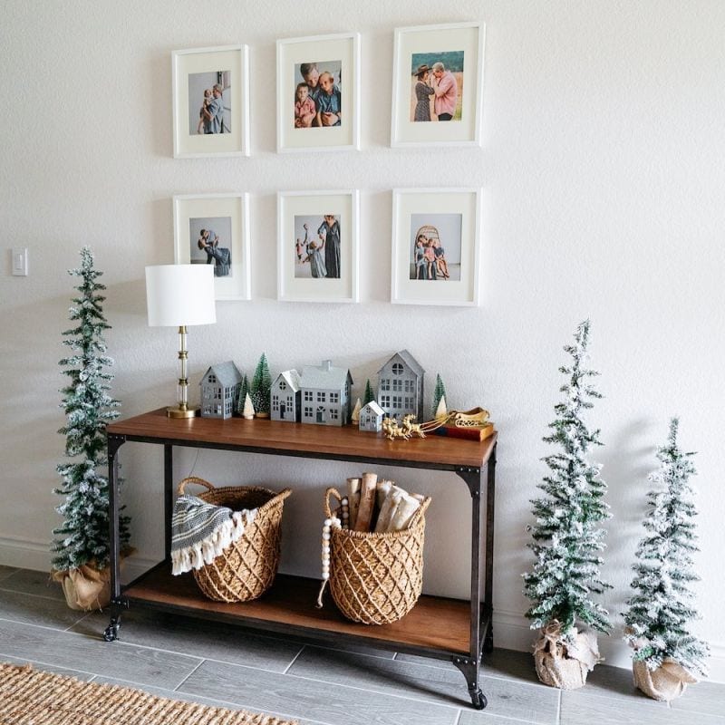 Modern Farmhouse Entryway with Grey Houses and Flocked Trees Modern Farmhouse Entryway with Grey Houses and Flocked Trees — Christmas Entryway Decor