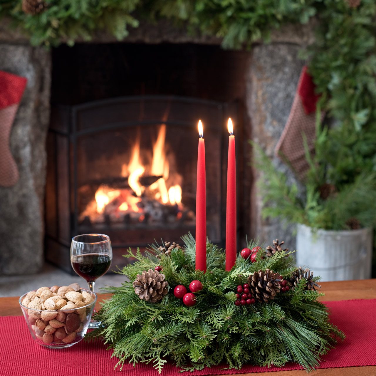 Cozy Rustic Centerpiece with Red Candles and Fireplace Glow — Christmas Centerpiece