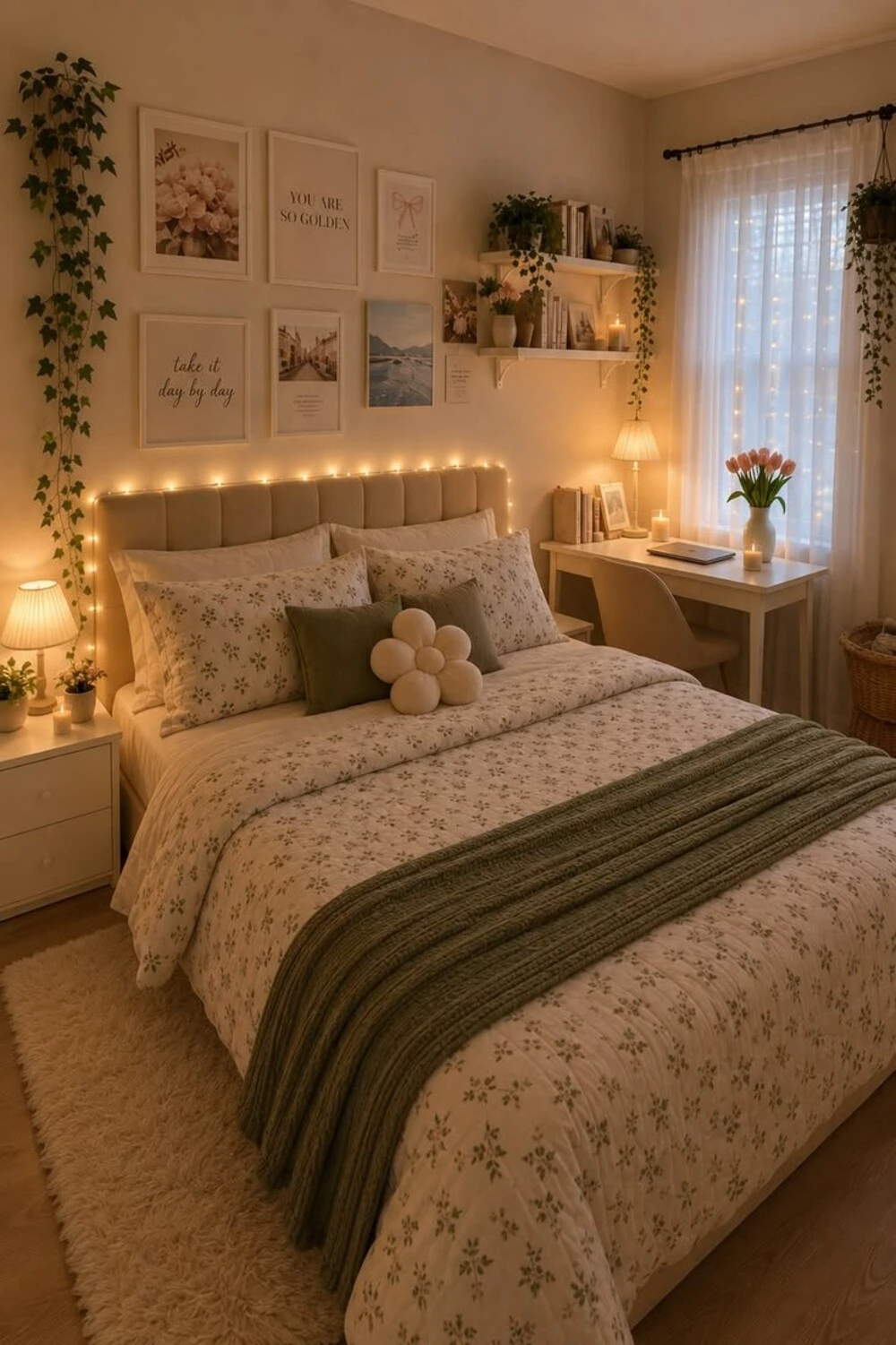 Boho Bedroom with Delicate Fairy Lights and Cascading Greenery — Christmas Fairy Lights Headboard