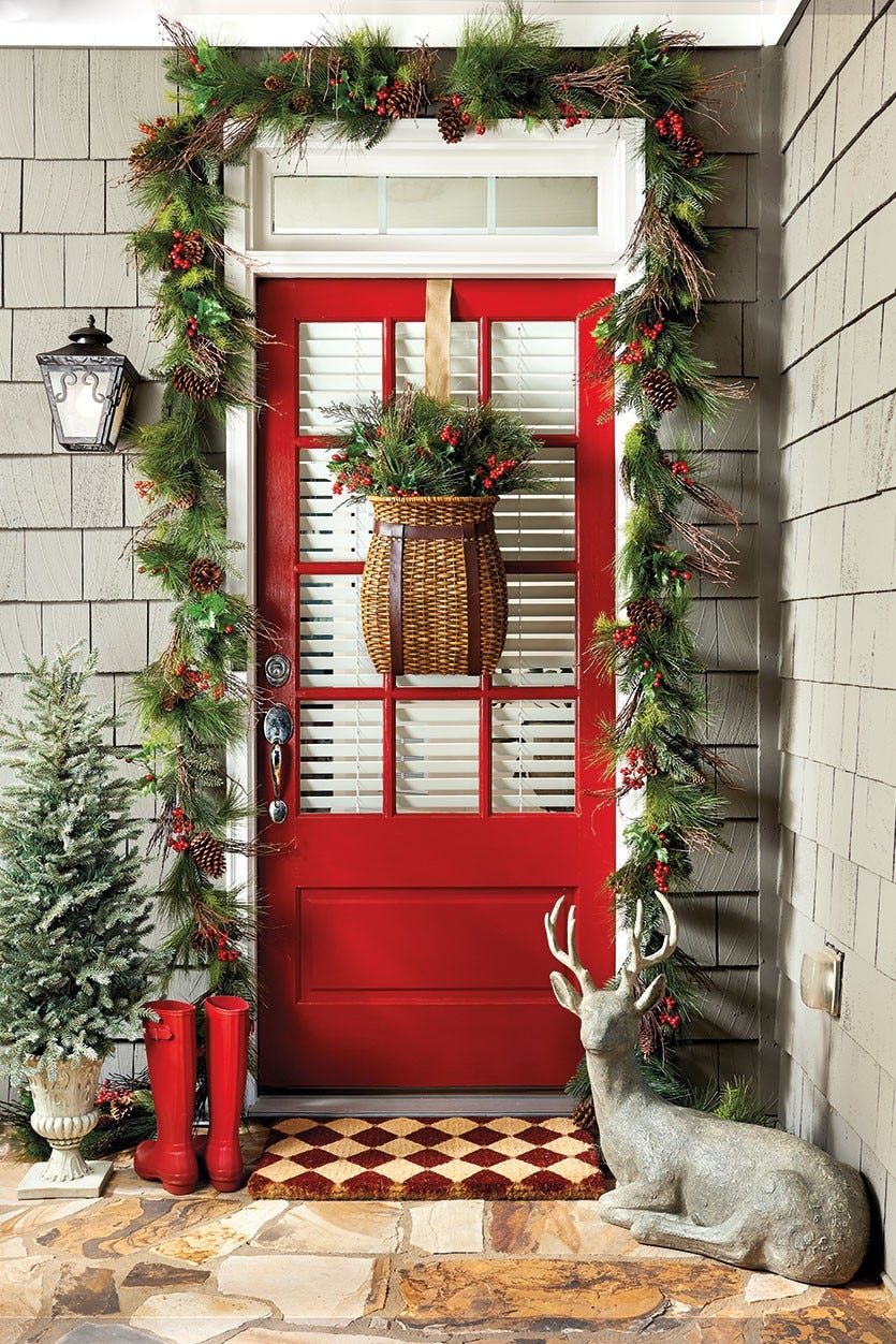 Vibrant Red Door with Garland and Festive Boots — Simple Christmas Outdoor Decor