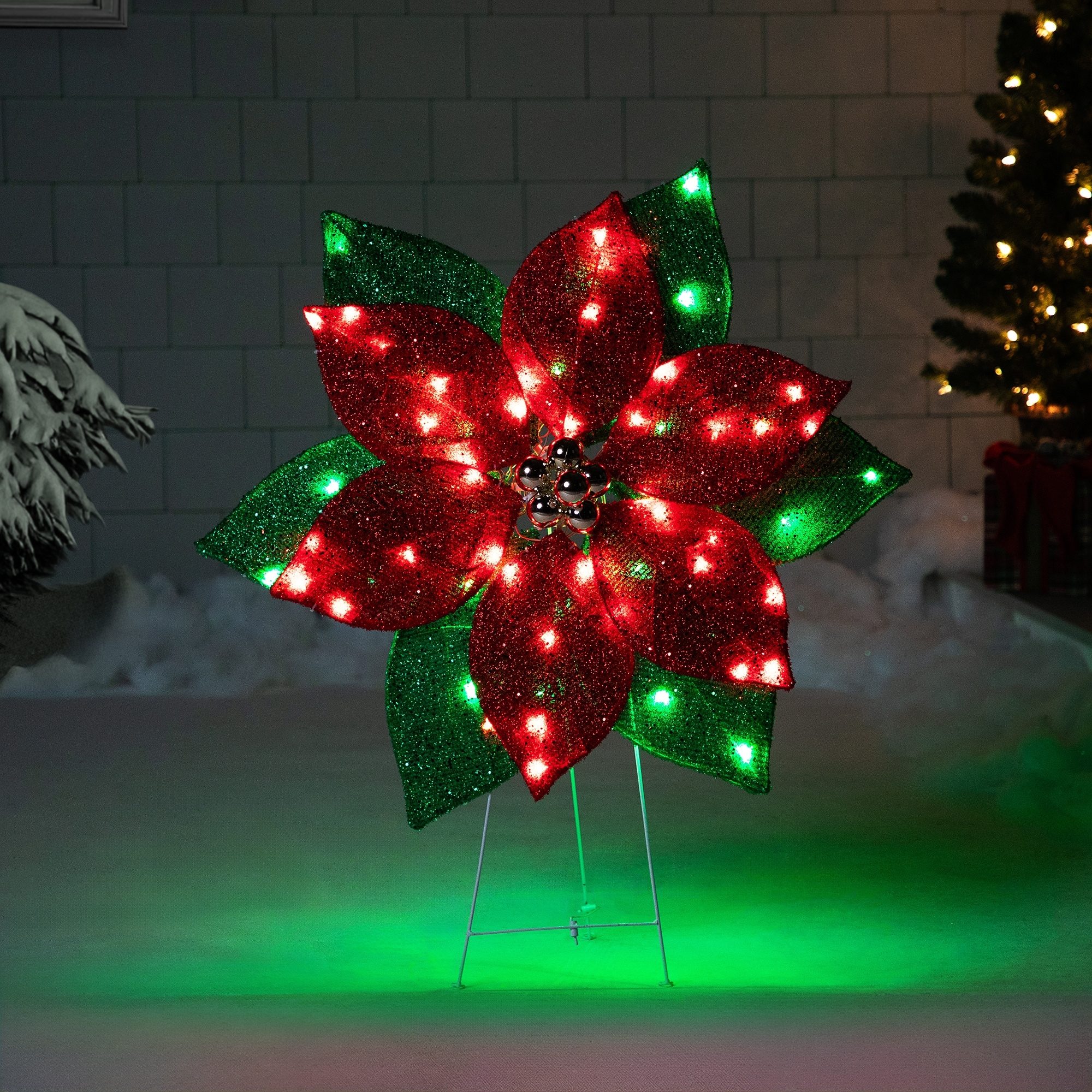 Illuminated Red and Green Poinsettia for Outdoor Night Display Illuminated Red and Green Poinsettia for Outdoor Night Display — Red and Green Christmas Decor
