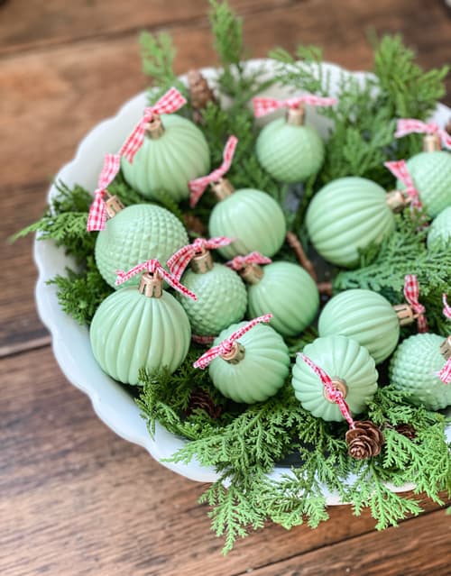 Mint Green Glass Ornaments in a White Decorative Bowl — Dollar Tree Christmas Decor