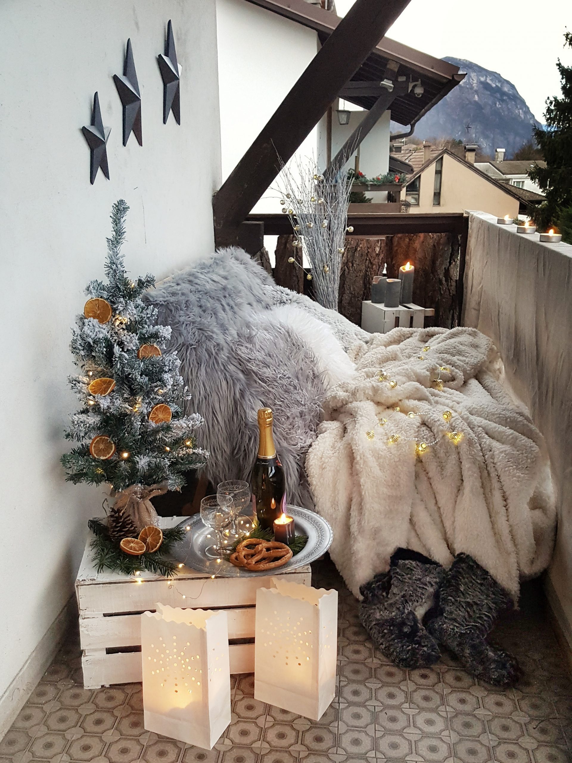 Cozy Balcony with Mini Tree, Champagne, and Festive Lighting — Christmas Balcony Decor