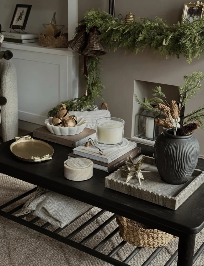 Modern Neutral Coffee Table with Tray and Pine Sprigs Modern Neutral Coffee Table with Tray and Pine Sprigs — Christmas Coffee Table Decor