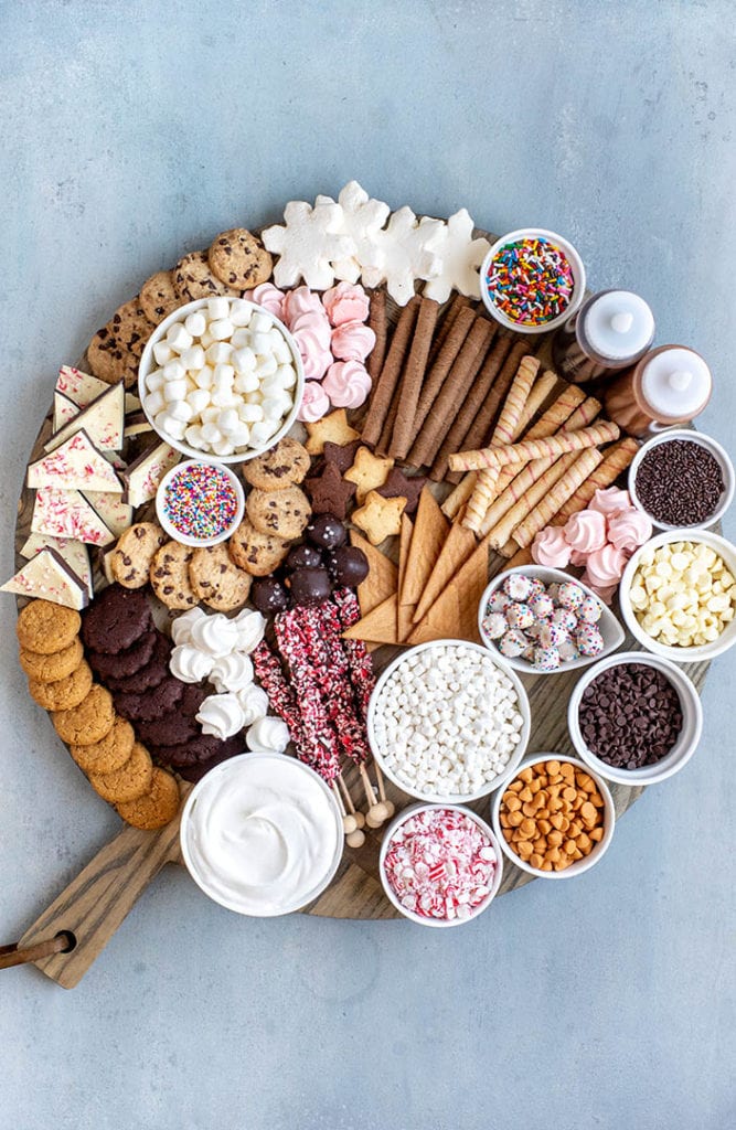Large Round Board Hot Cocoa Bar with Colorful Topping Variety — Christmas Hot Cocoa Bar