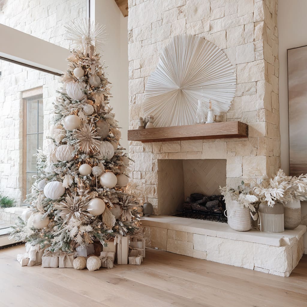 Minimalist Flocked Tree Beside a Grand Stone Fireplace — Christmas Tree Decorating