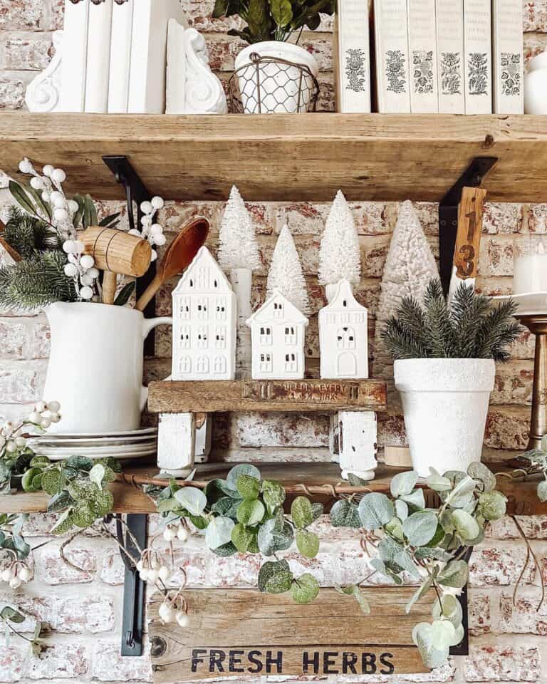 Farmhouse Shelf Decor with Ceramic Houses and Trees Farmhouse Shelf Decor with Ceramic Houses and Trees — Winter Decor After Christmas