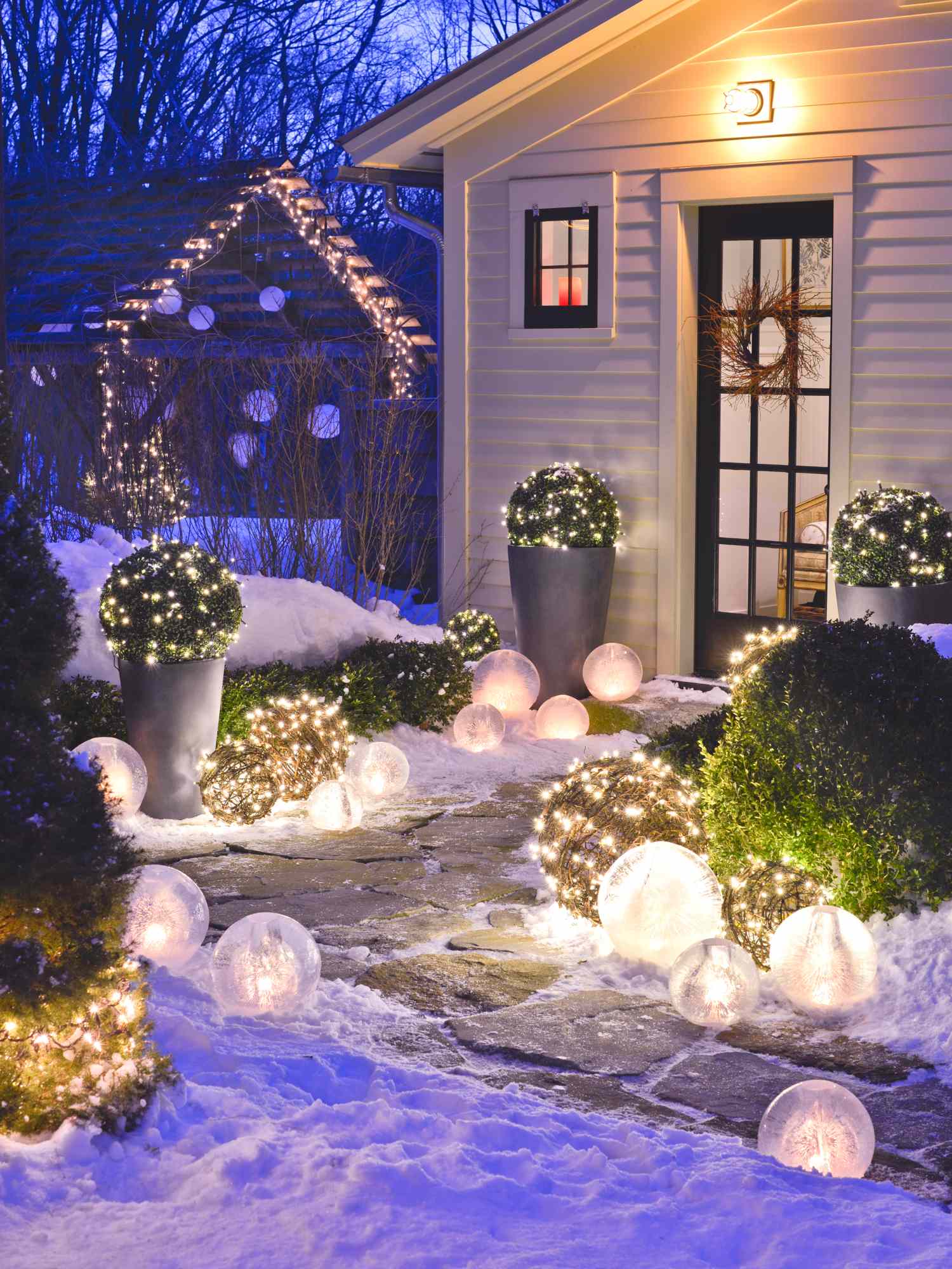 Magical Pathway with Illuminated Spheres and Lighted Bushes — Outdoor Christmas Lights