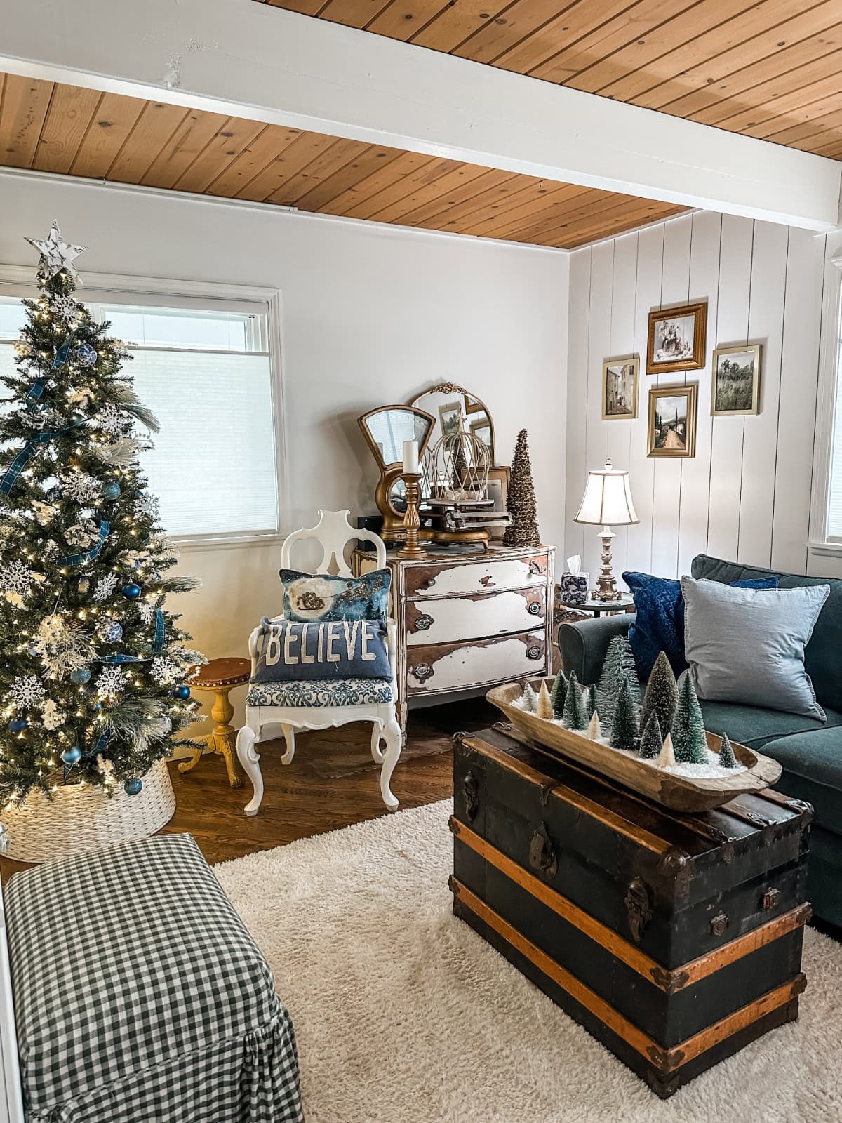 Farmhouse Living Room with Blue and Silver Christmas Tree — Rustic Christmas Decor