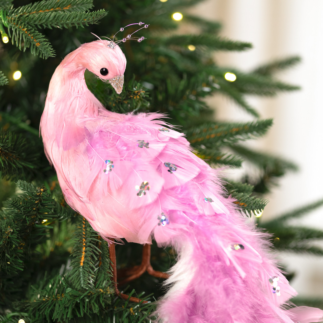 Glamorous Pink Feathered Peacock Christmas Ornament — Pink Christmas Decor