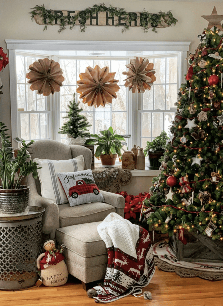 Cozy Farmhouse Corner with Red and Green Accents Cozy Farmhouse Corner with Red and Green Accents — Farmhouse Christmas Tree