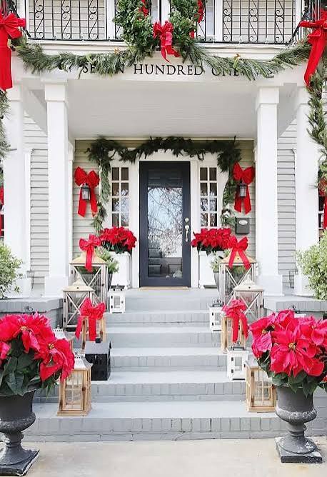 Classic Christmas Porch with Poinsettias and Red Bows Classic Christmas Porch with Poinsettias and Red Bows — Christmas Porch Decor