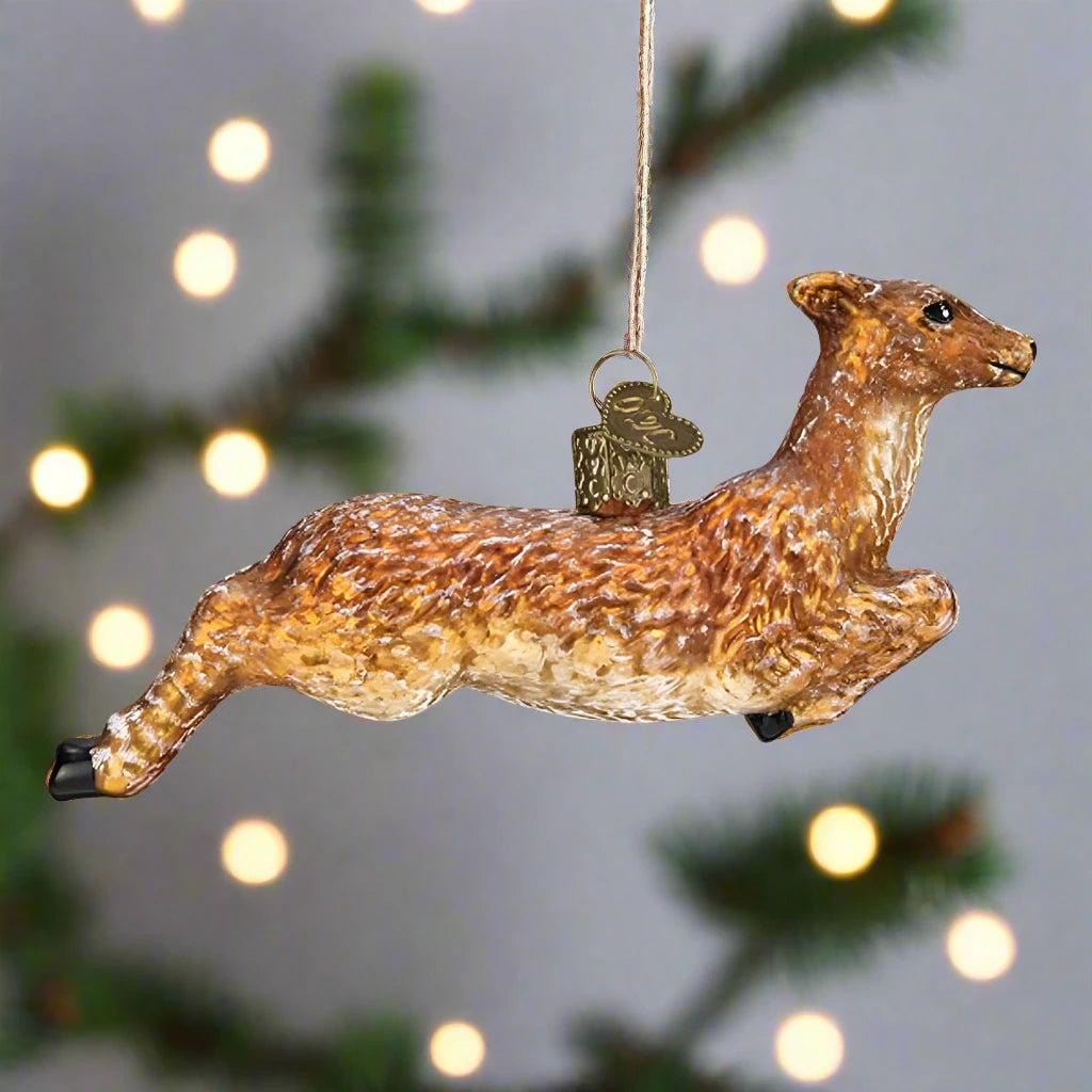 Leaping Glass Deer Ornament with Textured Brown and Gold Finish — Vintage Christmas Ornaments