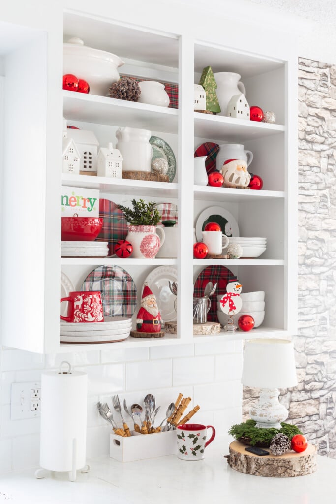 Farmhouse Kitchen Cabinet Decor with Red and White Ceramics Farmhouse Kitchen Cabinet Decor with Red and White Ceramics — Christmas Shelf Decor
