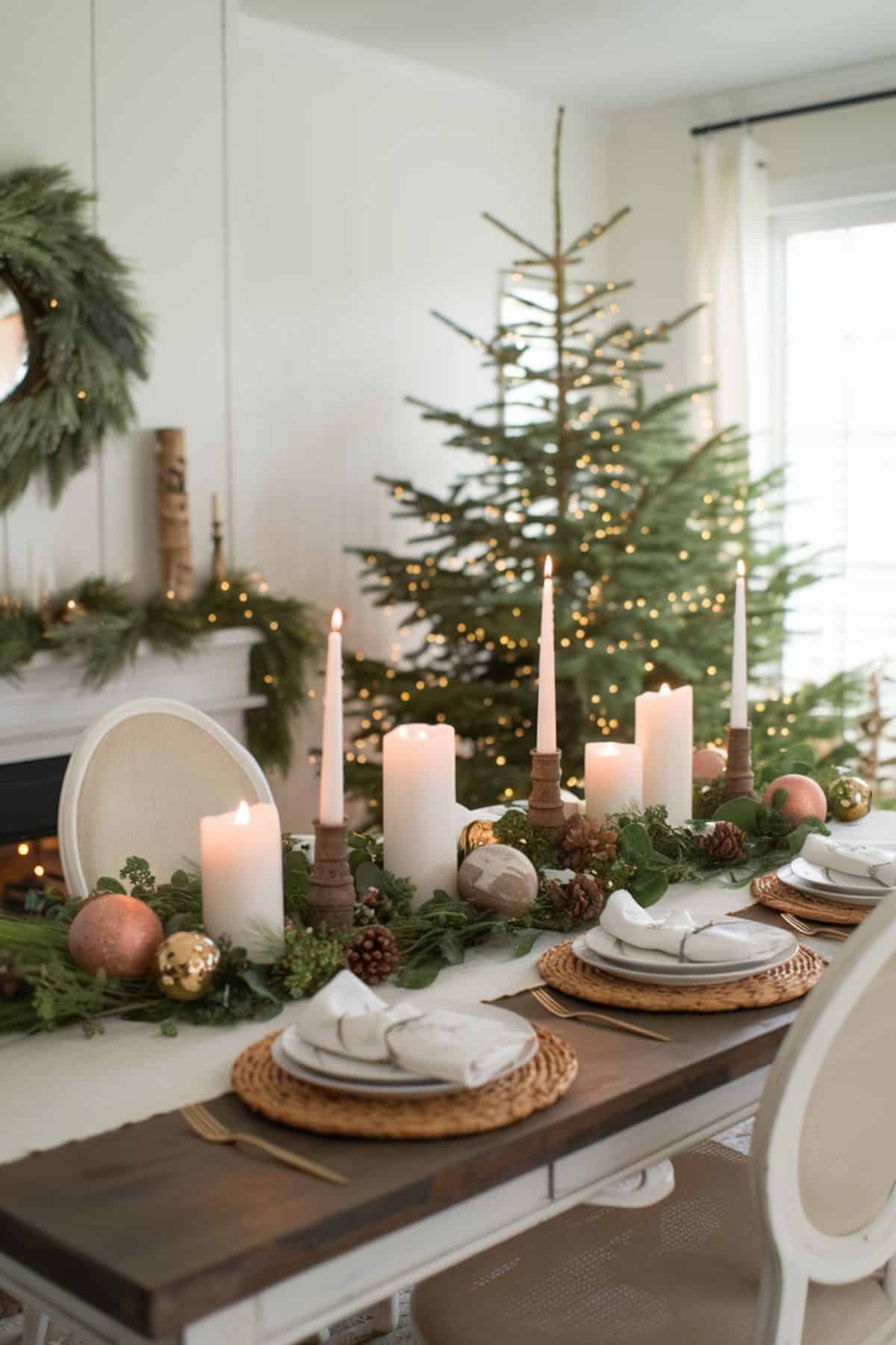 Rustic Christmas Dining with Pine Garland and Pillar Candles — Christmas Dining Room Decor