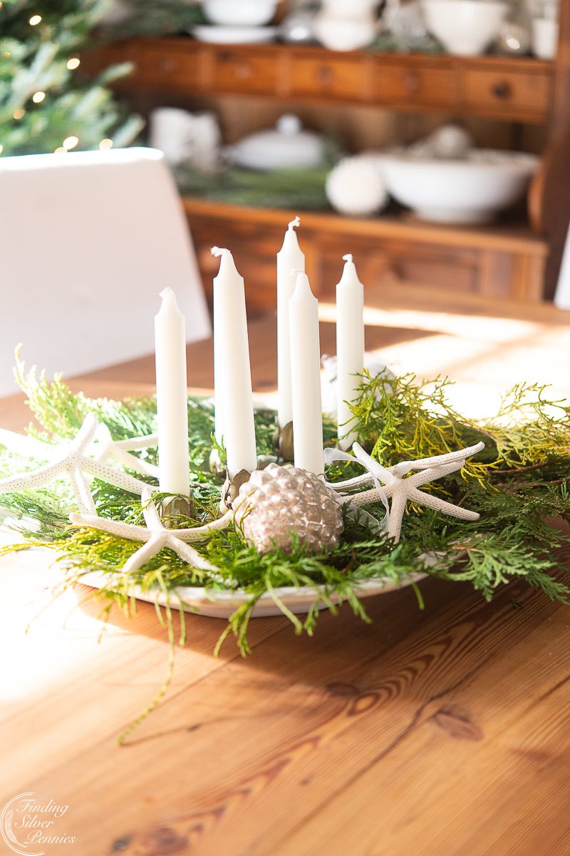 Coastal Christmas Arrangement with Starfish and Greenery — Christmas Centerpiece