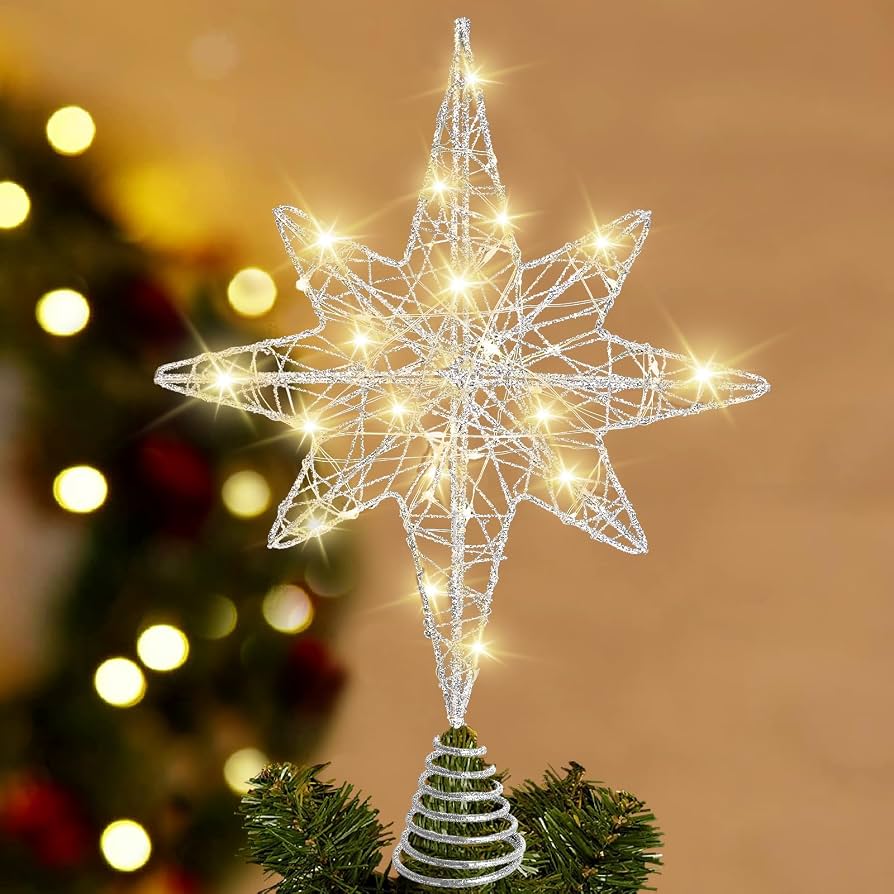 Sparkling Silver Wire Star Topper with Integrated LED Lights — Christmas Tree Topper