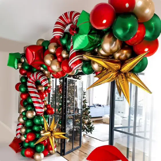 Vibrant Red, Green, and Gold Balloon Garland Arching Over an Entryway Vibrant Red, Green, and Gold Balloon Garland Arching Over an Entryway — Christmas Balloon Garland