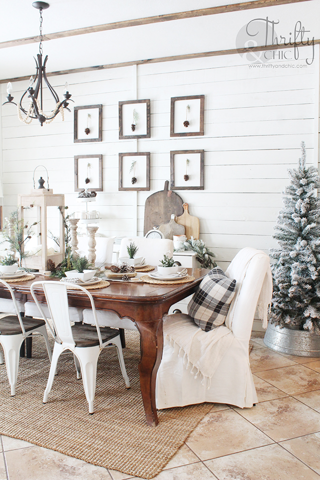 Farmhouse Dining Table Setting with Flocked Tree and Lanterns — Farmhouse Christmas Decor