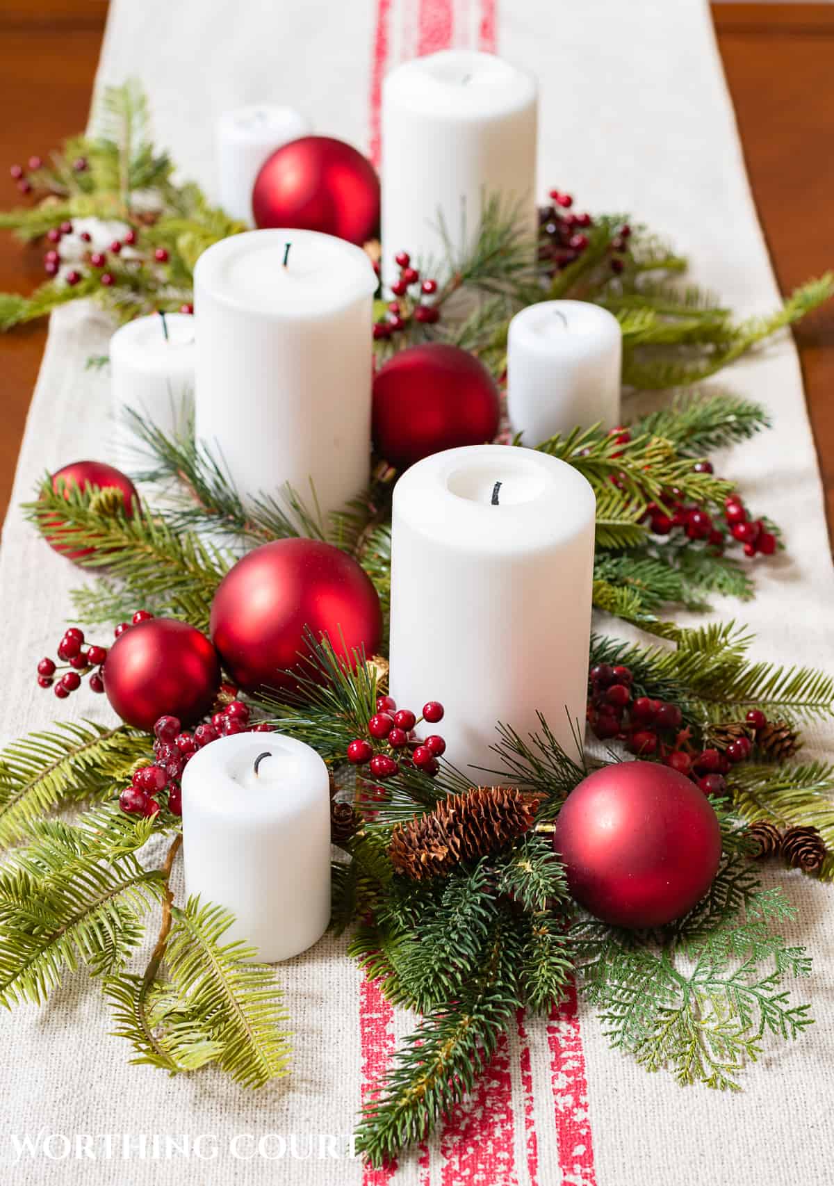 Traditional Candle Centerpiece on Linen Runner — Simple Christmas Decor