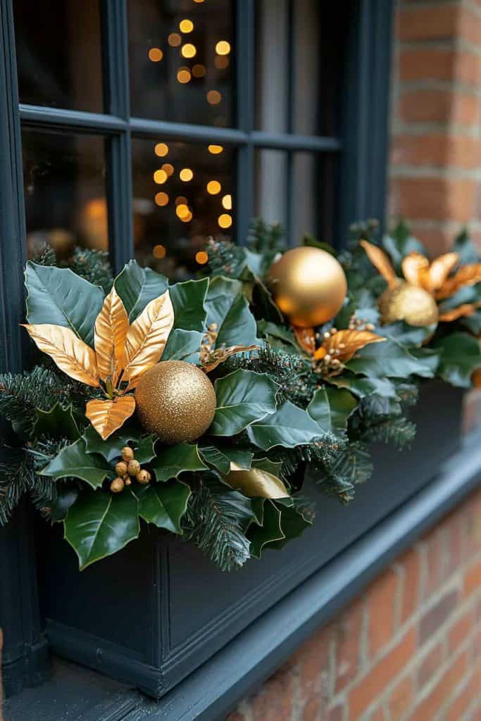 Elegant Window Box with Holly, Pine, and Gold Accents Elegant Window Box with Holly, Pine, and Gold Accents — Christmas Window Decor Outdoor