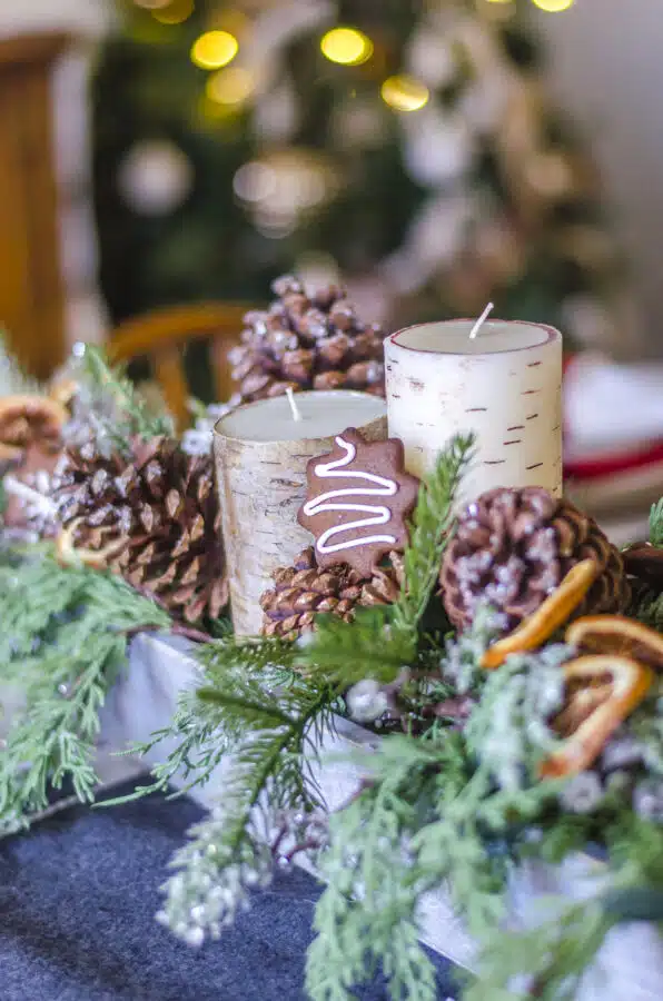 Rustic Table Centerpiece with Natural Elements and Candles — Christmas Decor