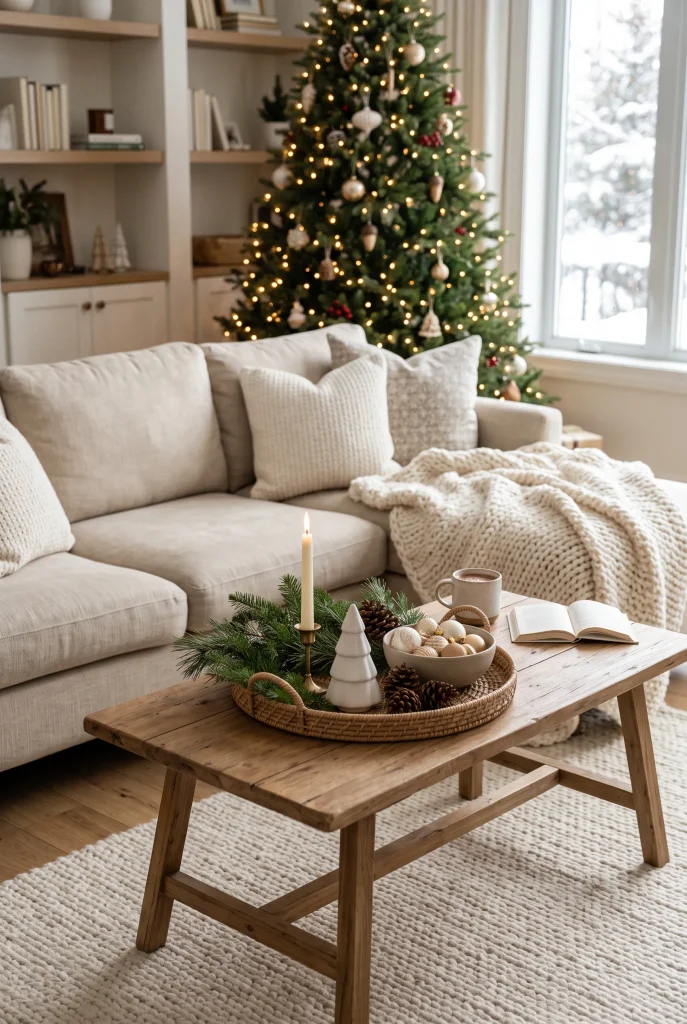 Farmhouse Coffee Table with Wicker Tray and Cookies Farmhouse Coffee Table with Wicker Tray and Cookies — Christmas Coffee Table Decor