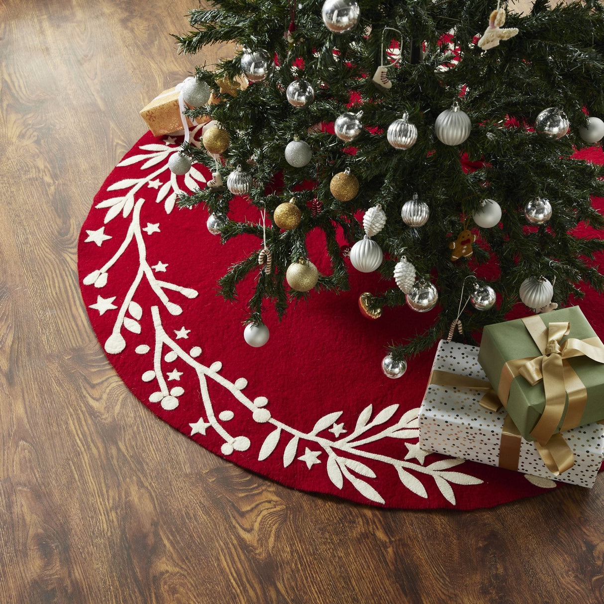 Rustic Red Felt Skirt with White Branch Motif Rustic Red Felt Skirt with White Branch Motif — Christmas Tree Skirt