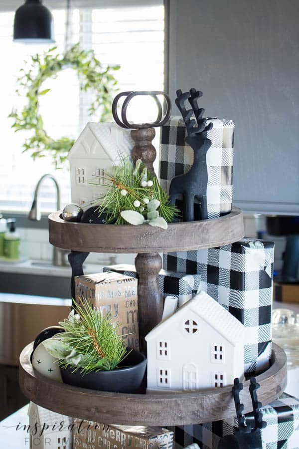 Rustic Wood Tray with White Houses and Buffalo Check Gifts Rustic Wood Tray with White Houses and Buffalo Check Gifts — Christmas Tiered Tray