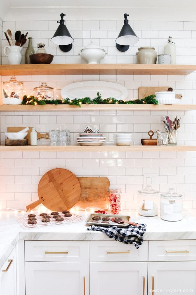 Modern Glam Kitchen Counter with Festive Cookies and Twinkling Lights — Christmas Kitchen Decor