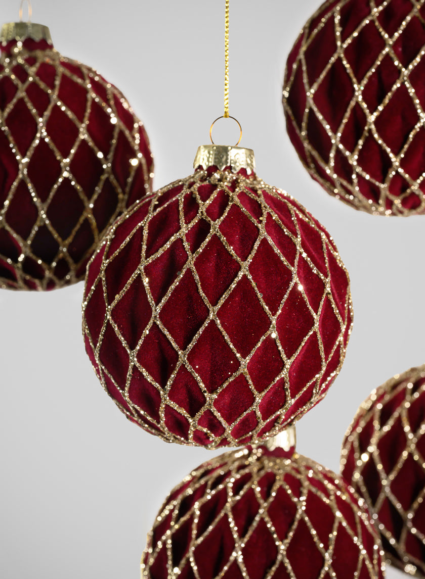None Burgundy Velvet Christmas Ornaments with Gold Lattice Detail — Burgundy Christmas Decor