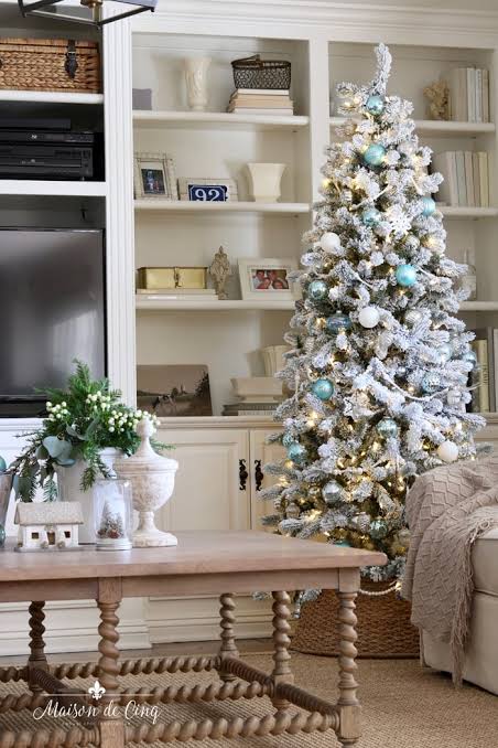 Blue Ornaments on Flocked Farmhouse Tree Blue Ornaments on Flocked Farmhouse Tree — Farmhouse Christmas Tree