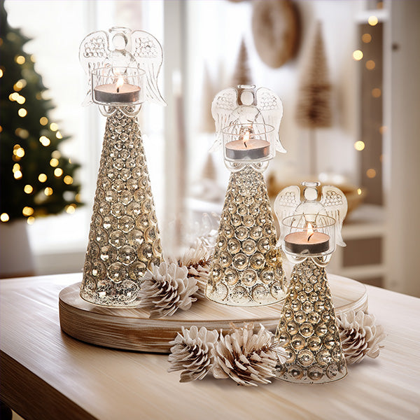Elegant Angel Candle Holders with Tea Lights and Pinecones — Christmas Candle Decor