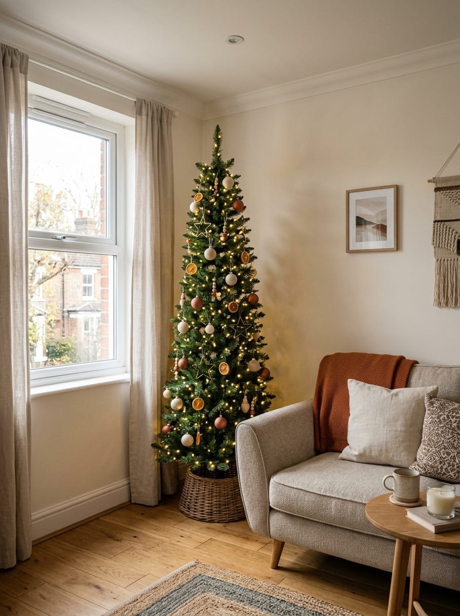 Scandinavian-Inspired Slim Christmas Tree in a Wicker Basket Scandinavian-Inspired Slim Christmas Tree in a Wicker Basket — Christmas Apartment Decor