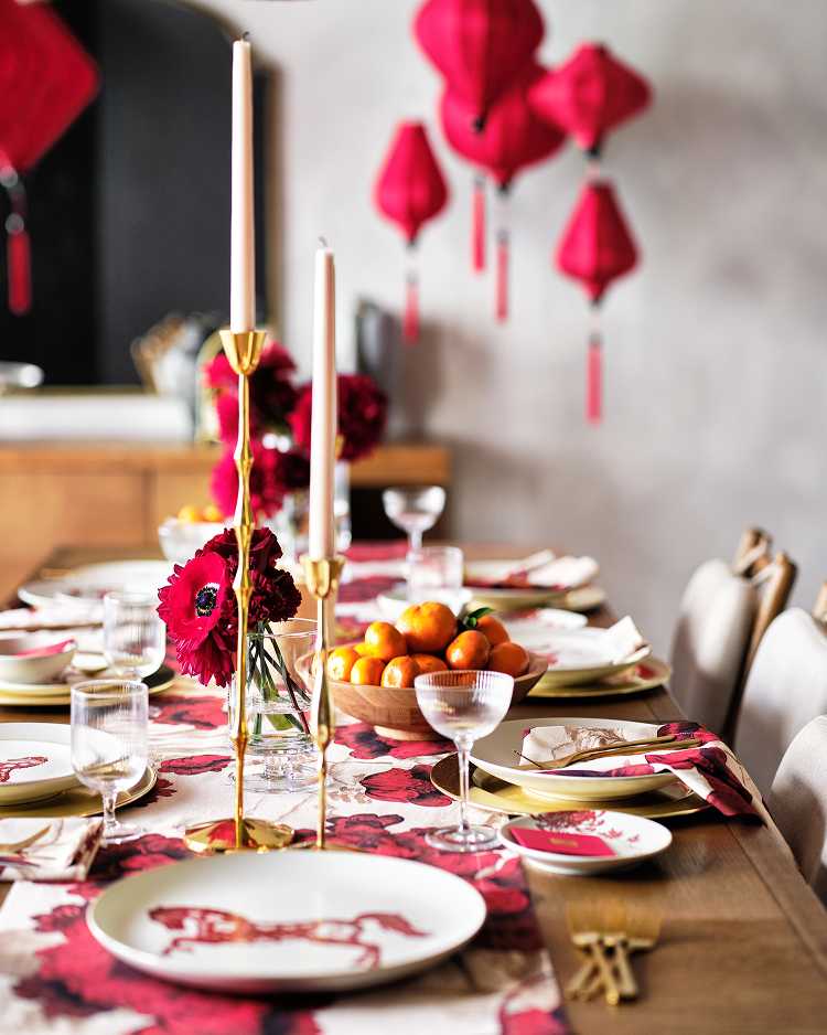 Traditional Chinese Dining Table with Red Lanterns and Mandarin Oranges — New Years Eve Party 2027