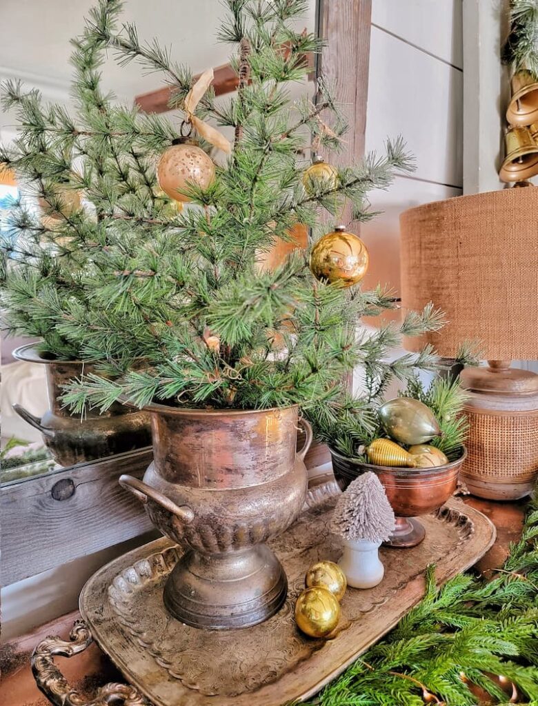 Vintage Small Tree in Antique Copper Urn — Small Christmas Tree Decor