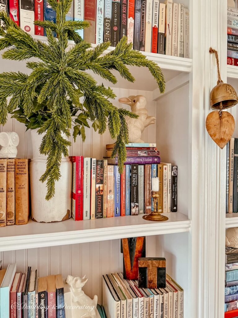 Eclectic Shelf Decor with Ceramic Bunny and Pine Eclectic Shelf Decor with Ceramic Bunny and Pine — Christmas Shelf Decor