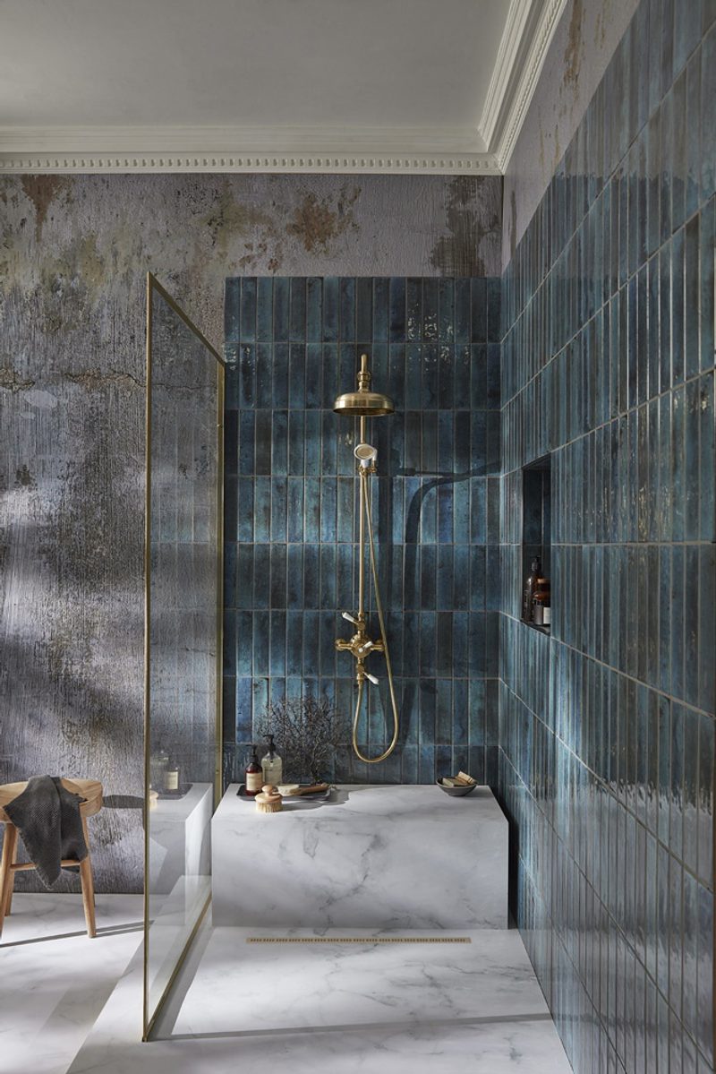Industrial Bathroom with Iridescent Blue Vertical Tiles — Shower Room Ideas