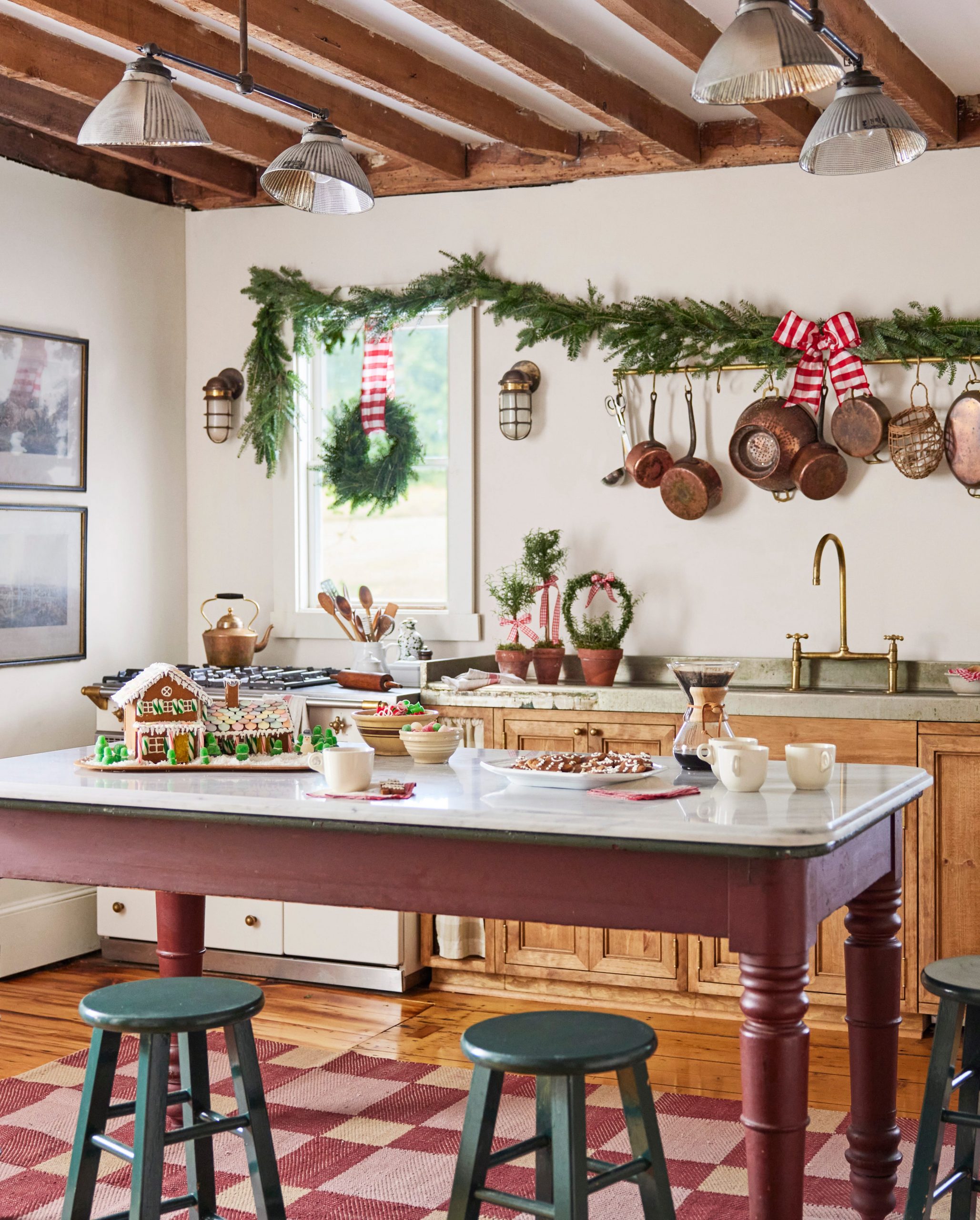 Rustic Farmhouse Kitchen with Gingerbread House Island Display — Gingerbread Christmas Decor
