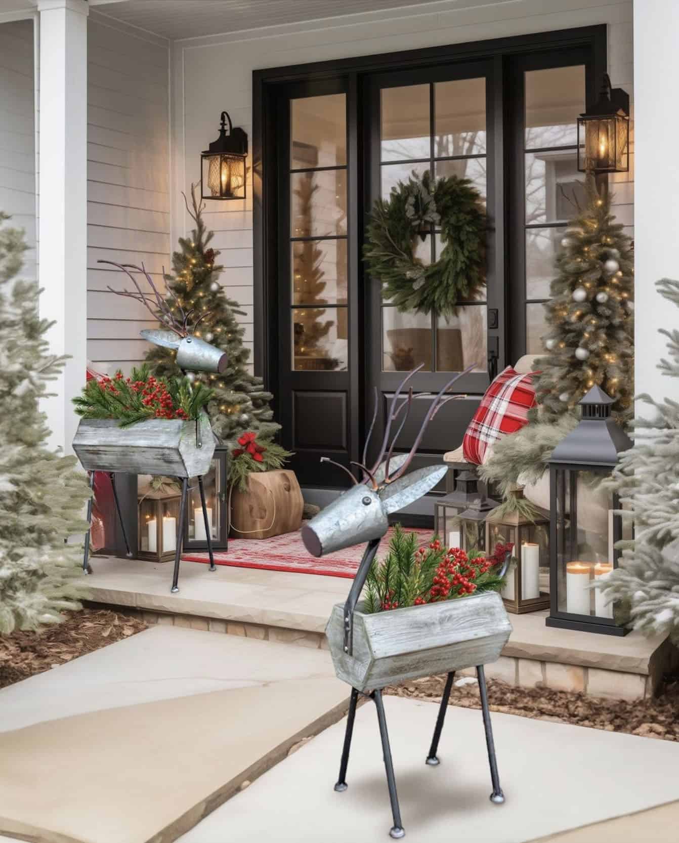Whimsical Reindeer Planters on a Farmhouse Christmas Porch — Farmhouse Christmas Decor